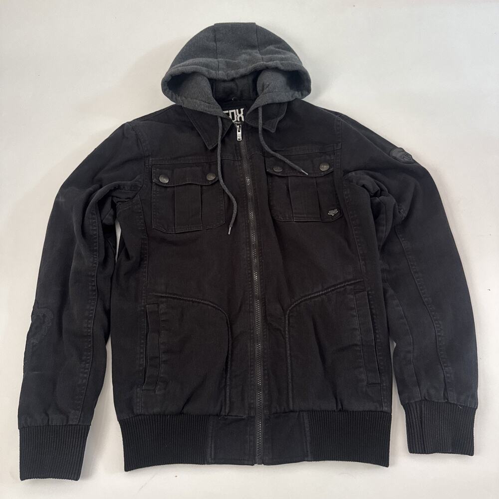Fox Racing Jacket Mens Small Black Hooded Canvas Bomber Moto Full Zip Lined